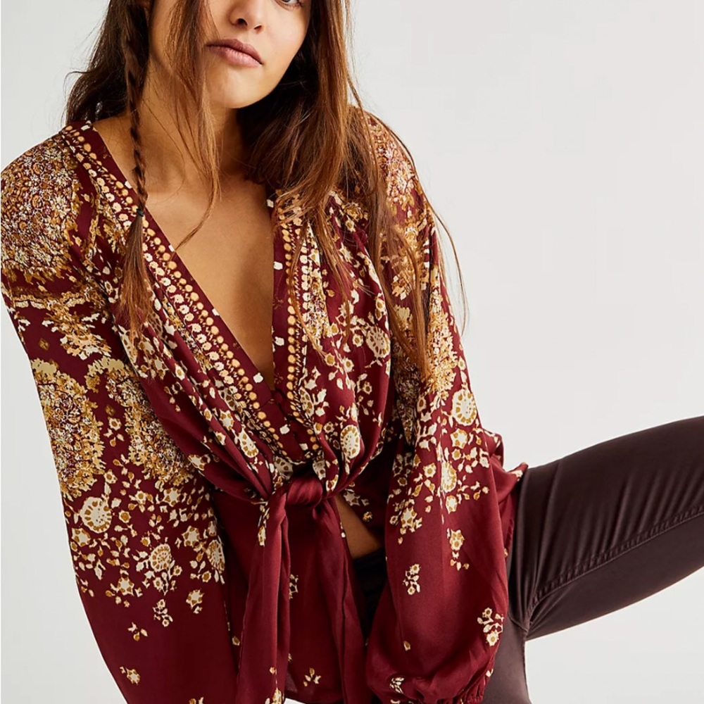 Free People Run Free Silky Long Sleeve Front Tie Deep V Lightweight Boho Blouse - Picture 16 of 16